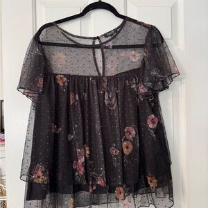 Willow Young Contemporary Top 1X Black Sheer Floral Blouse